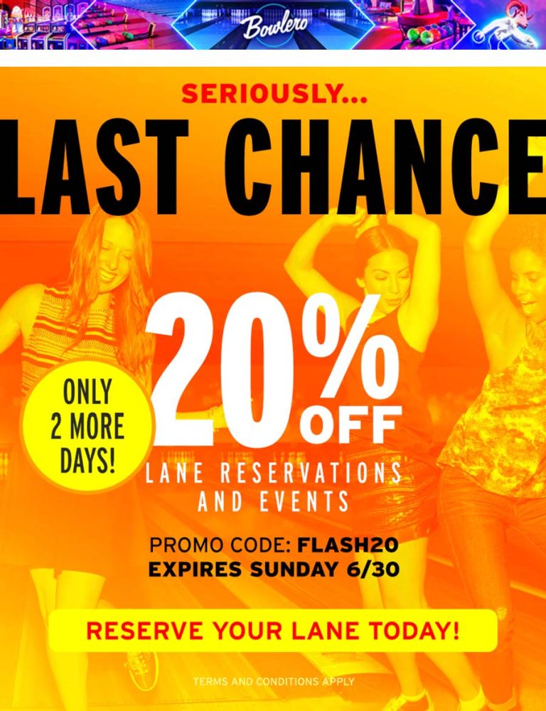 20% off bowling lane reservations at Bowlero via promo code FLASH20
