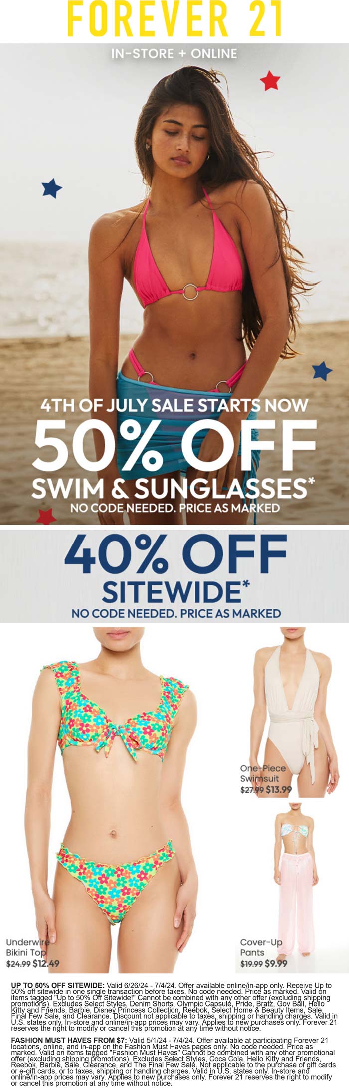 40% off everything online & 50% off swim at Forever 21