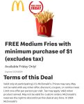 Free large fries on $1 today at McDonalds #mcdonalds