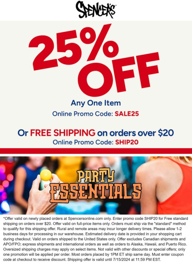 25% off a single item online at Spencers via promo code SALE25