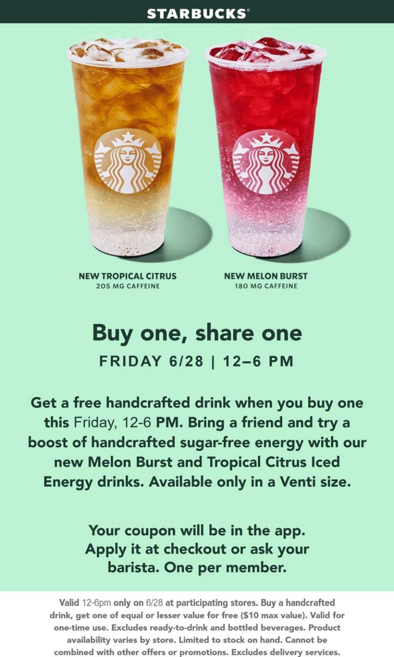 Second drink free today via login at Starbucks coffee