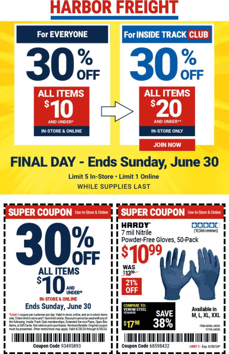 30% off items under $10 today at Harbor Freight Tools, or online via promo code 93495893