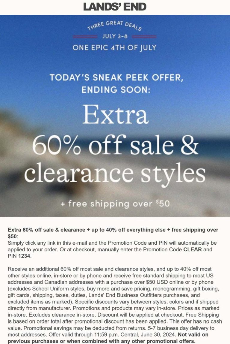 Extra 60% off sale & clearance today at Lands End via promo code CLEAR and pin 1234