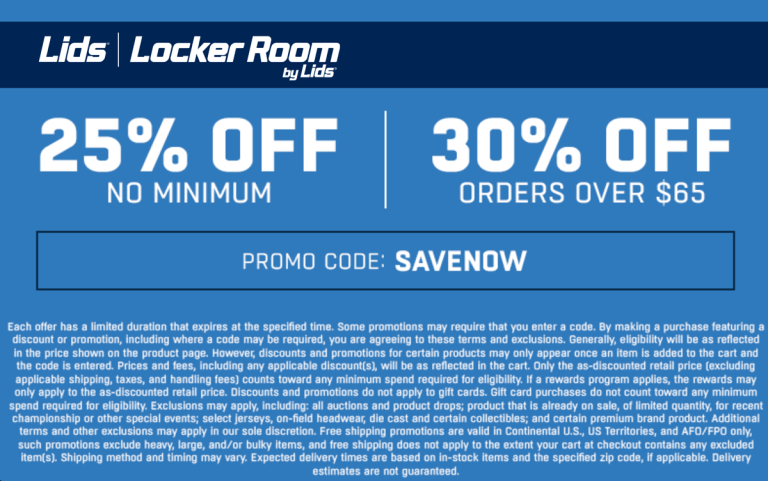 25-30% off today at Lids via promo code SAVENOW