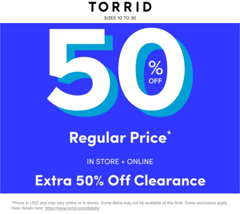 50% off at Torrid, ditto online