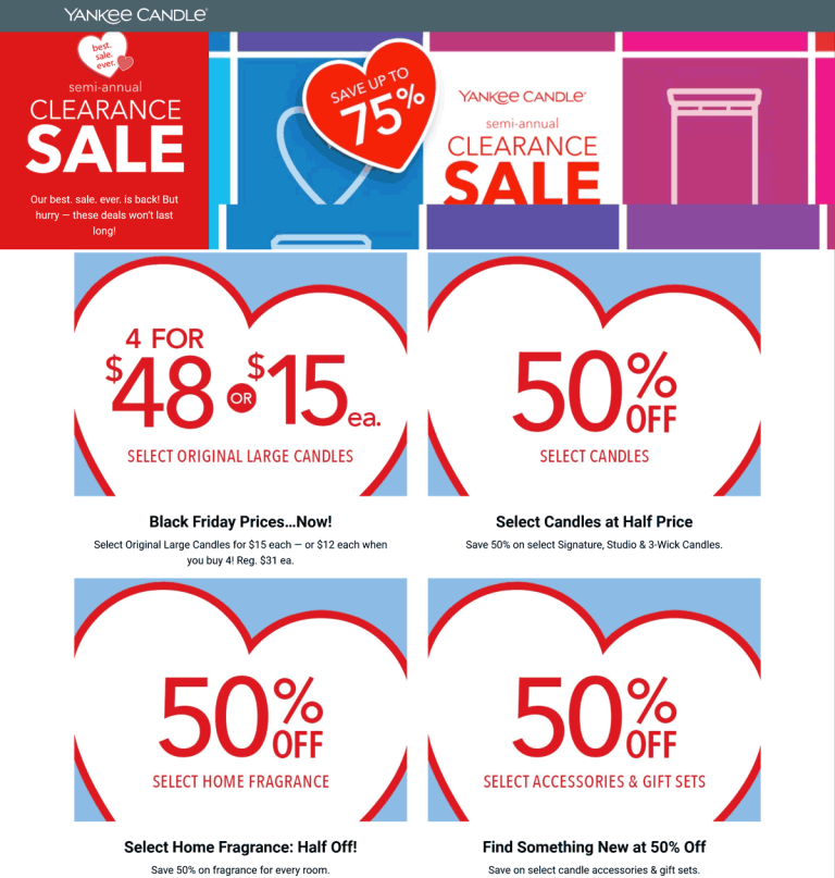4 large candles for $48 & 50% off home fragrances at Yankee Candle