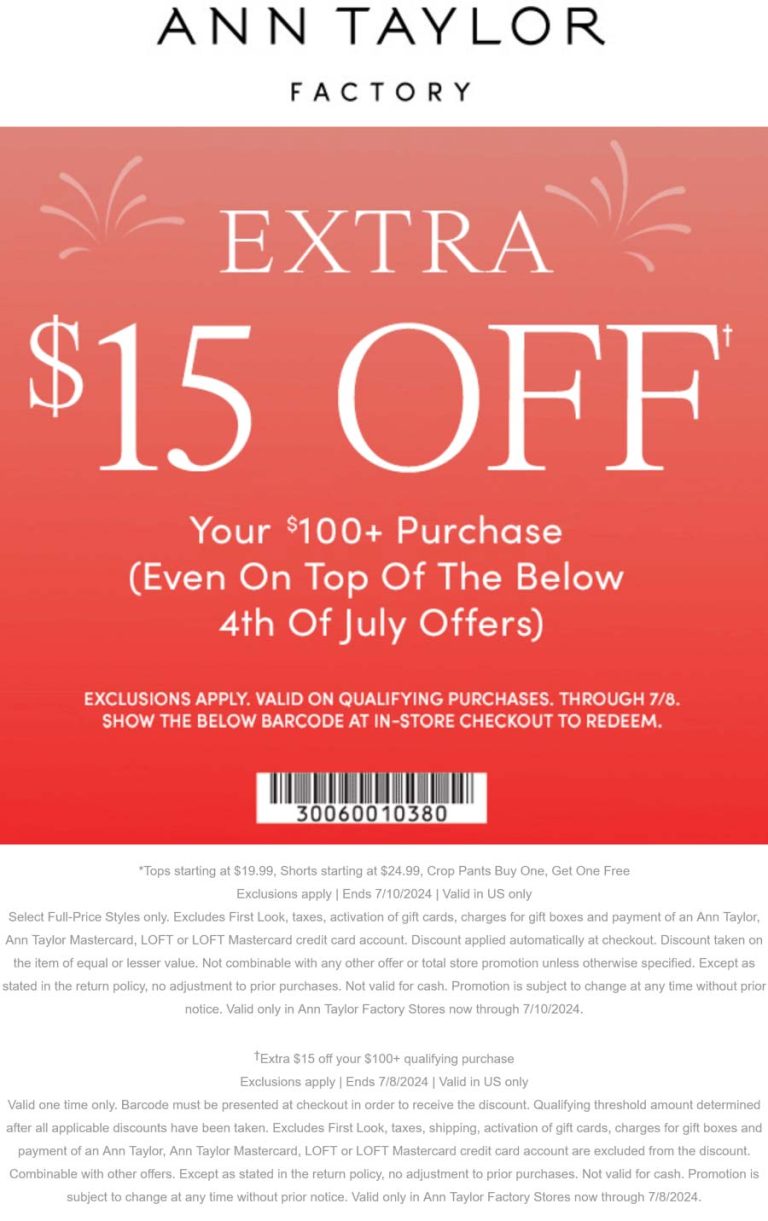 $15 off $100 at Ann Taylor Factory