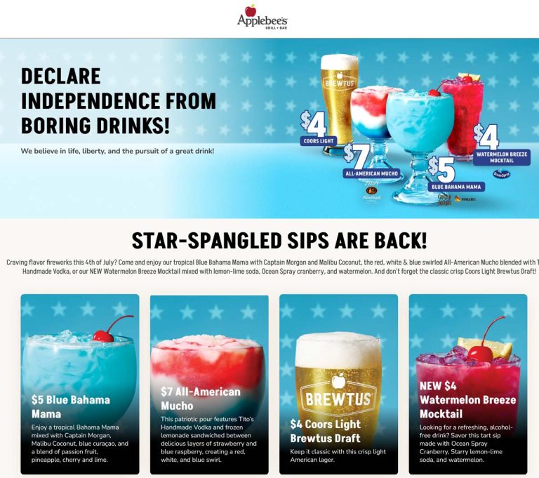 $5 bahama mama, $4 watermelon mocktail or coors draft & more at Applebees restaurants
