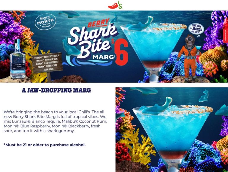 Shark bite margarita for $6 all month at Chilis restaurants