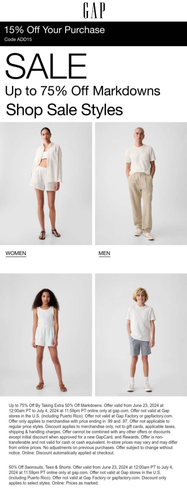 Extra 15% off & more today at Gap, or online via promo code ADD15