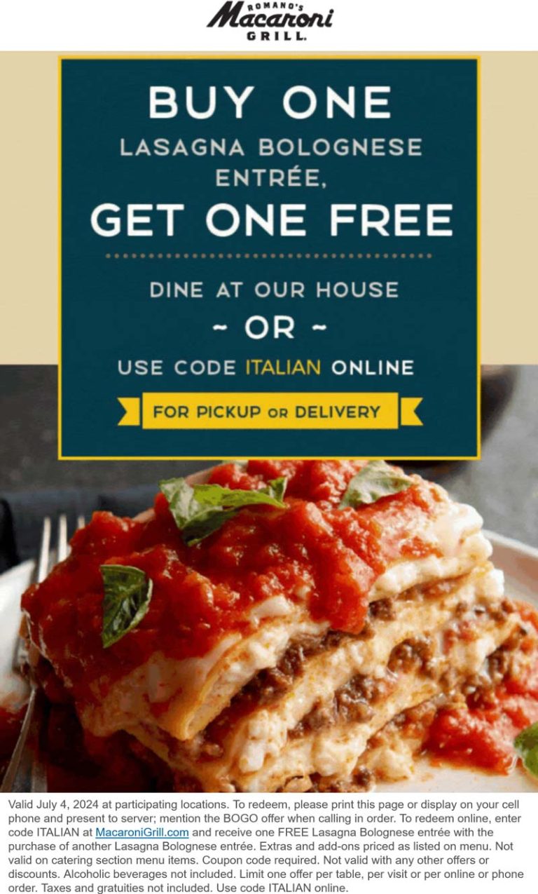 Second lasagna bolognese free today at Macaroni Grill restaurants, or online via promo code ITALIAN