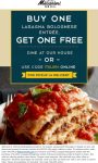 Second lasagna bolognese free today at Macaroni Grill restaurants, or online via promo code ITALIAN #macaronigrill