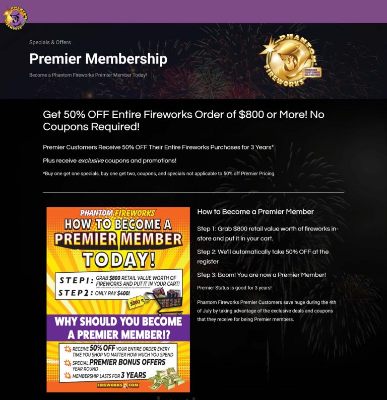 50% off $800+ fireworks today at Phantom, no membership required