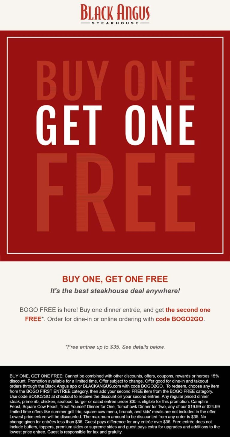 Second entree free at Black Angus steakhouse via promo code BOGO2GO