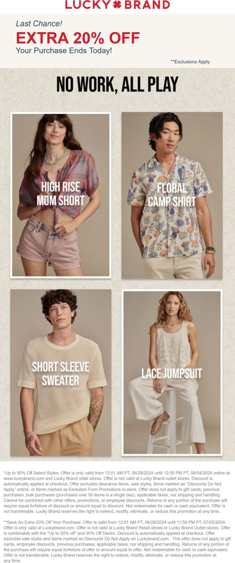 Extra 20% off online today at Lucky Brand