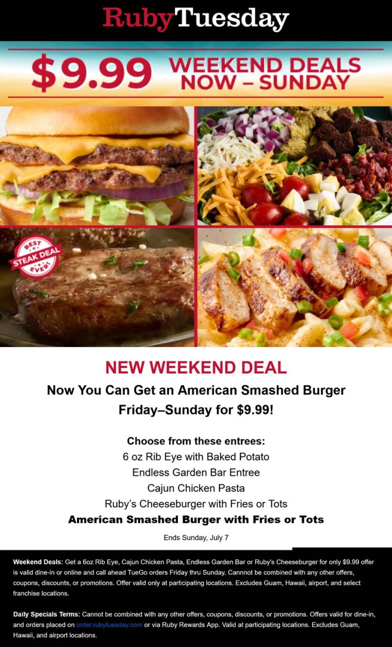 Rib Eye, Cajun Chicken Pasta, Endless Garden Bar or Cheeseburger = $10 at Ruby Tuesday