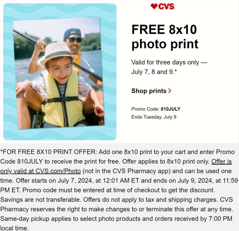 Free 8x10 photo print at CVS Pharmacy via promo code 810JULY