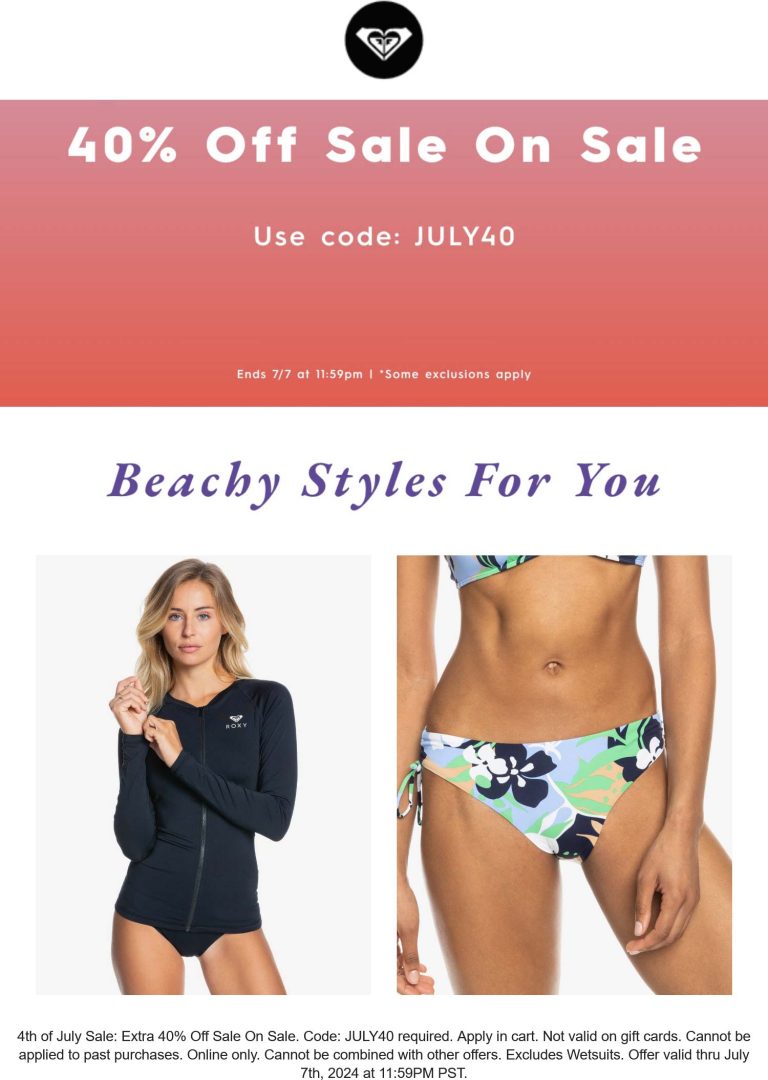 Extra 40% off sale items online today at Roxy via promo code JULY40