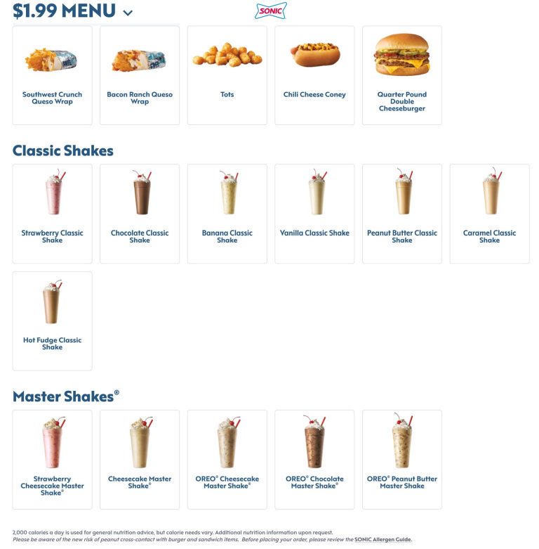 Various $2 menu items at Sonic Drive-In restaurants