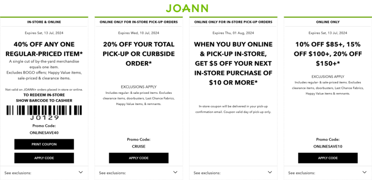 40% off a single item at Joann, or online via promo code ONLINESAVE40