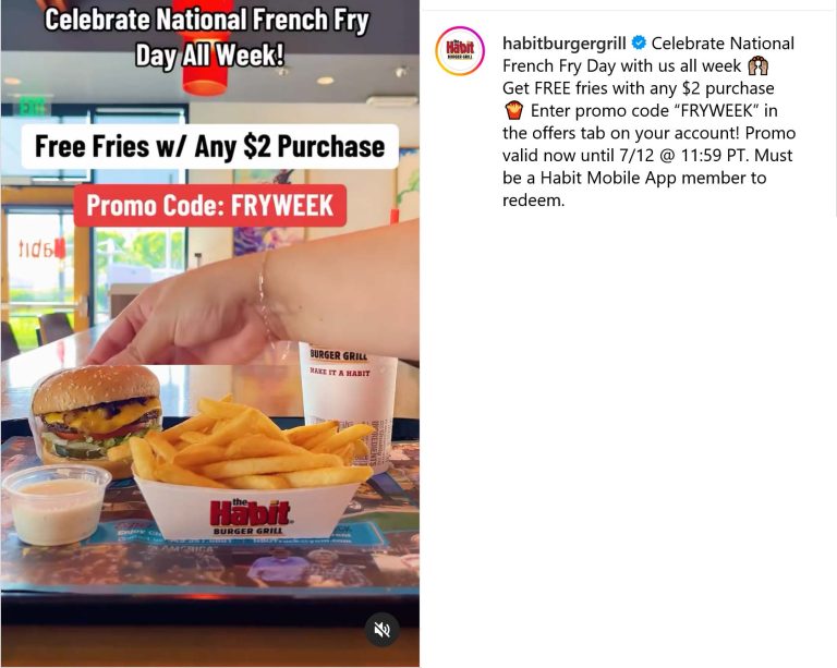 Free fries on $2 at Habit Burger Grill via promo code FRYWEEK