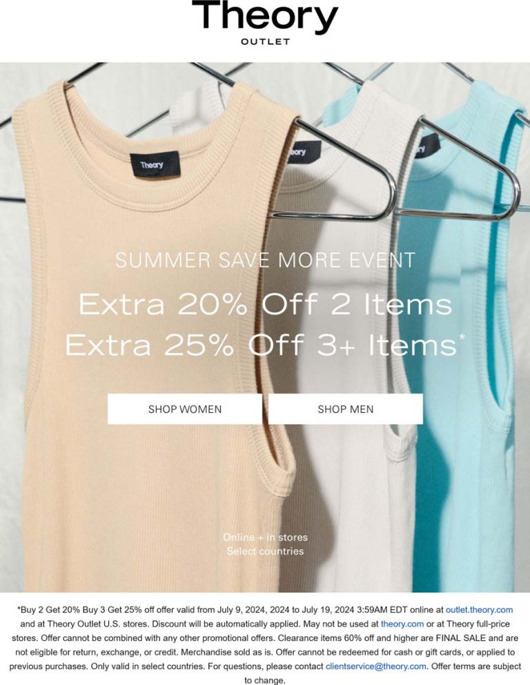 20-25% off 2+ items at Theory Outlet, ditto online