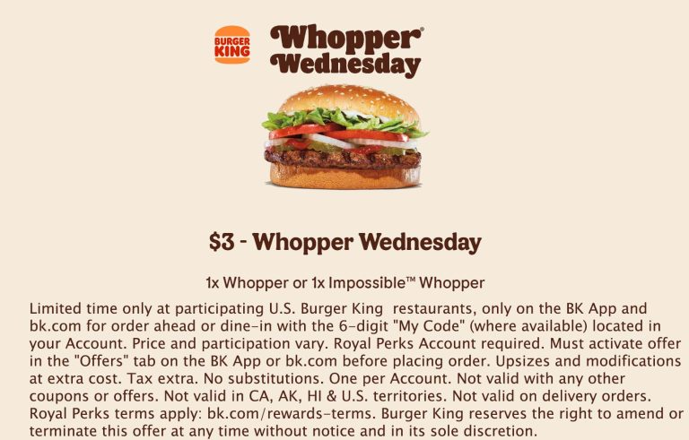 $3 whopper sandwich today at Burger King restaurants