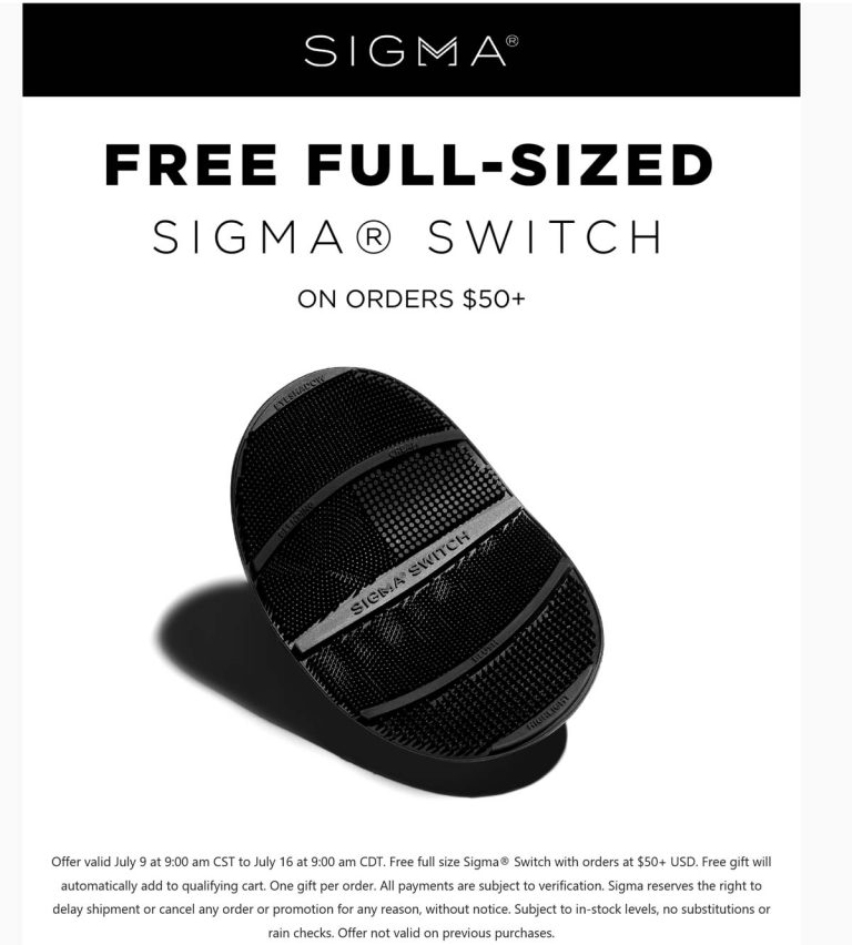 Free full sized switch on $50+ at Sigma beauty