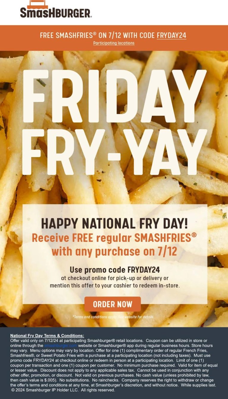 Free fries today at Smashburger via promo code FRYDAY24