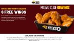 6 free wings via $10 takeout at Buffalo Wild Wings via promo code GOWINGS #buffalowildwings