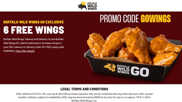 6 free wings via $10 takeout at Buffalo Wild Wings via promo code GOWINGS