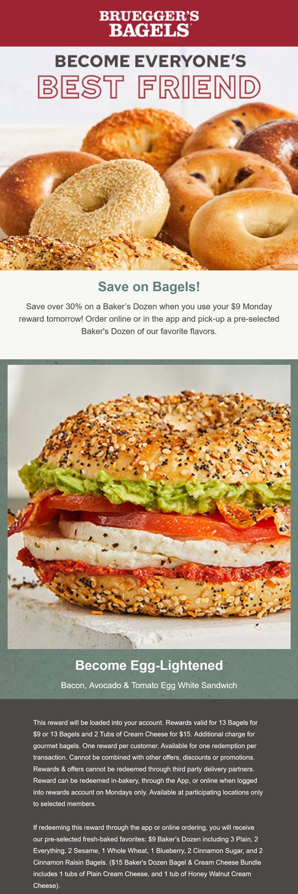 $9 bakers dozen today at Brueggers Bagels restaurants #brueggersbagels ...