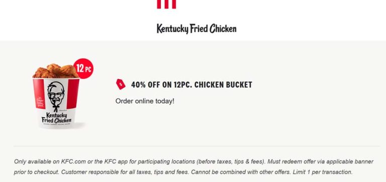 40% off 12pc chicken bucket via login at KFC