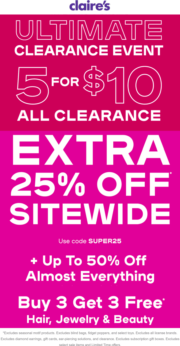 Extra 25% off everything online at Claires via promo code SUPER25