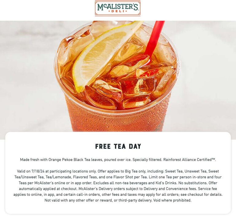 Free iced tea Thurs at McAlisters Deli