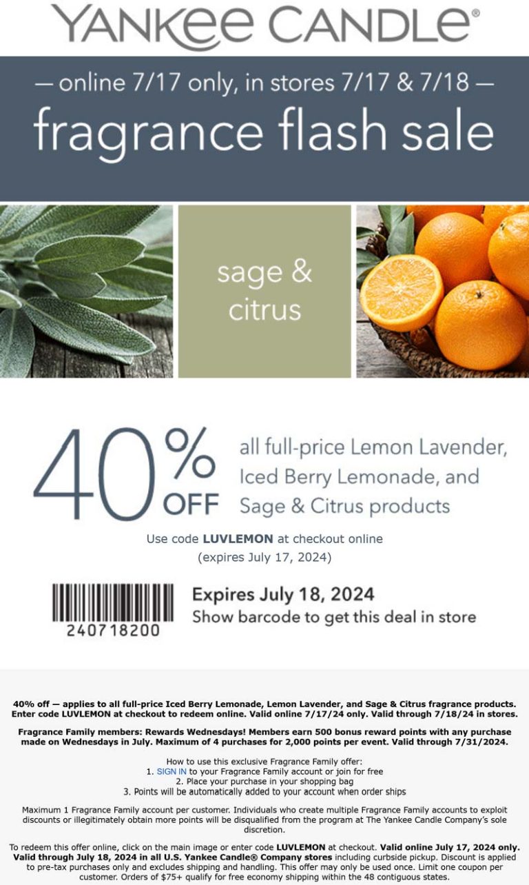 40% off citrus scents at Yankee Candle, or online via promo code LUVLEMON