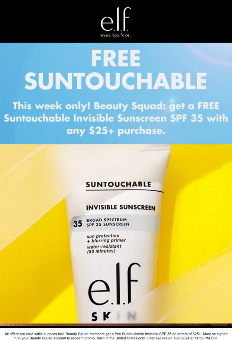 Free suntouchable spf 35 on $25+ at e.l.f. Cosmetics
