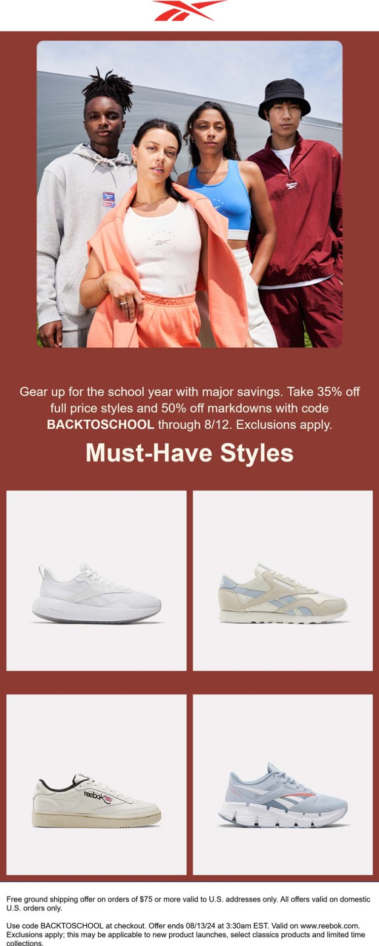 25% off regular & 50% off sale items at Reebok via promo code BACKTOSCHOOL