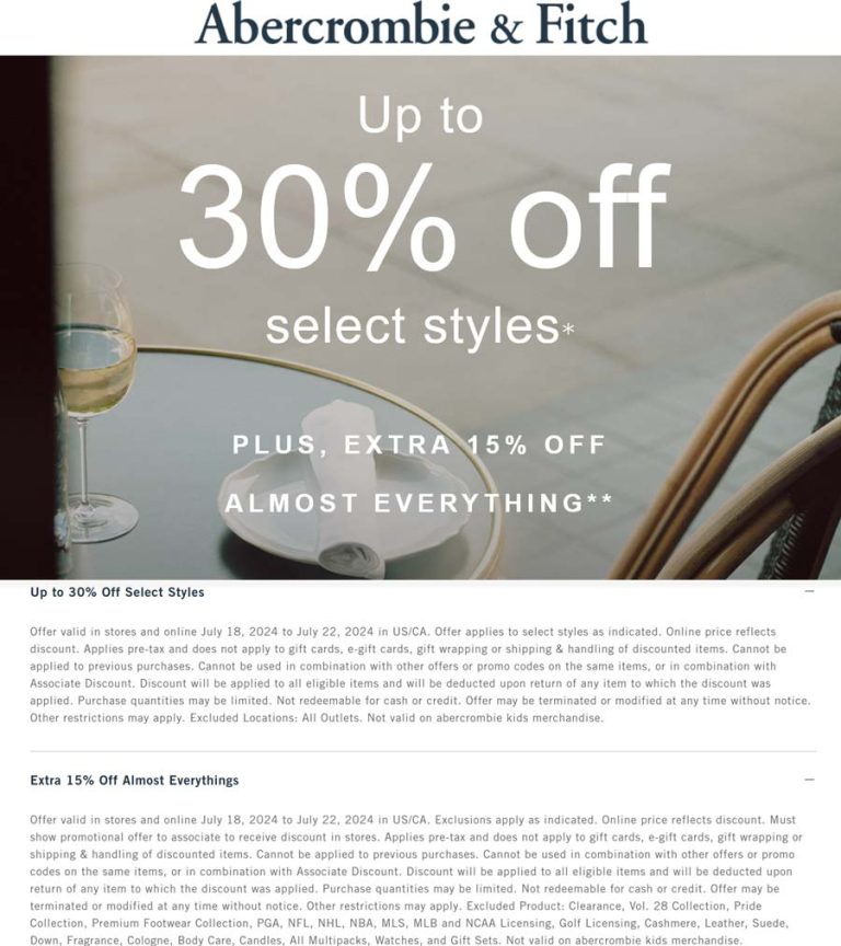 Abercrombie & Fitch coupon: Extra 15-30% off everything at Abercrombie & Fitch
