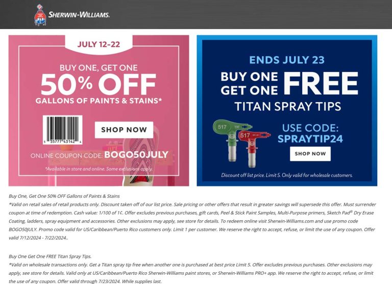 Second paint or stain gallon 50% off at Sherwin Williams, or online via promo code BOGO50JULY
