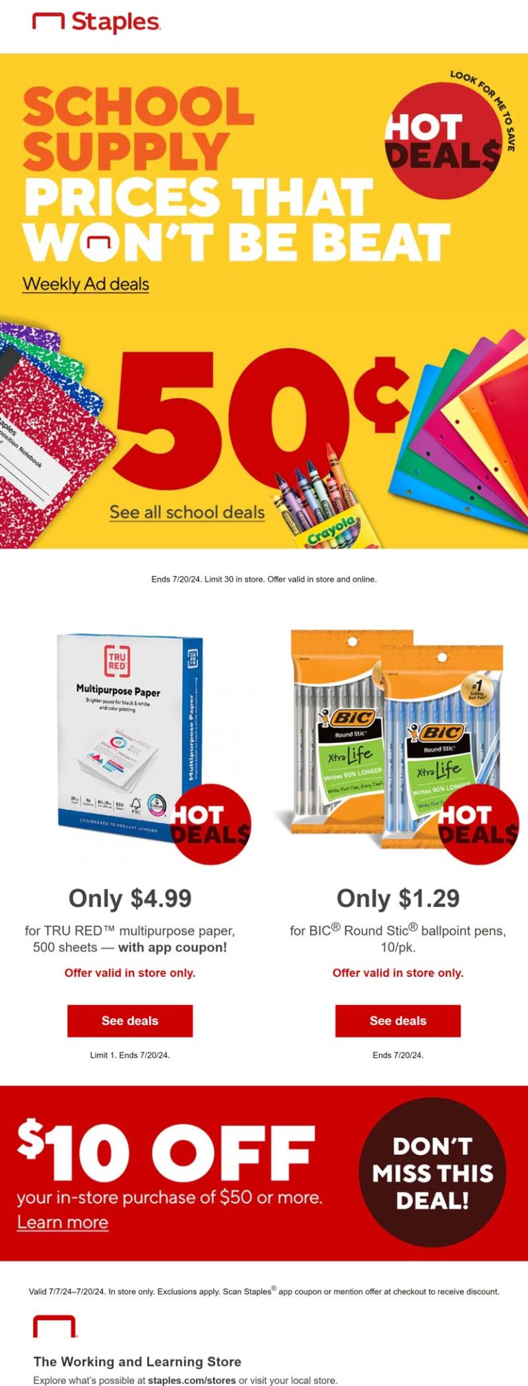 Various .50 cent school supplies at Staples