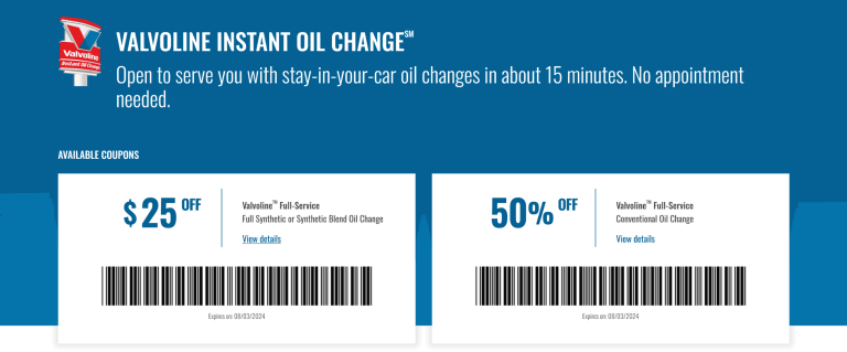 50% off full service conventional or $25 off synthetic oil change at Valvoline