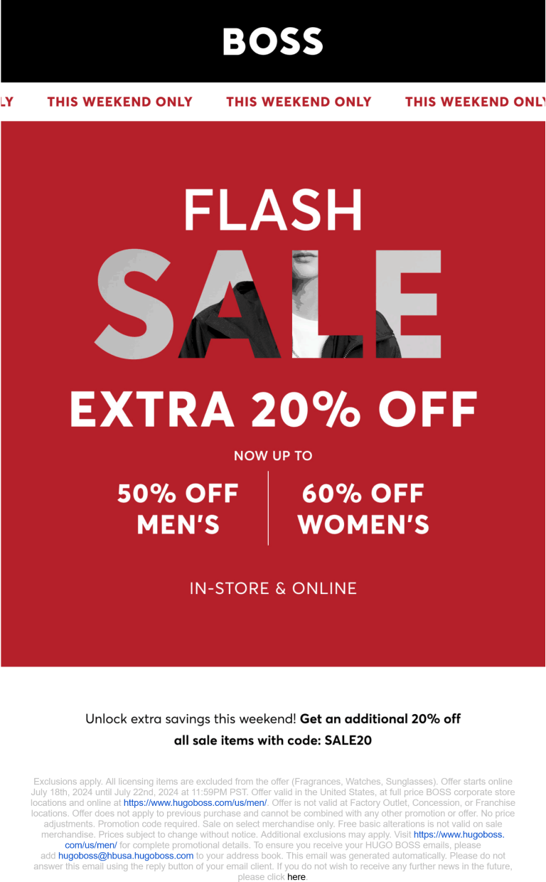 Extra 20% off sale items at BOSS, or online via promo code SALE20