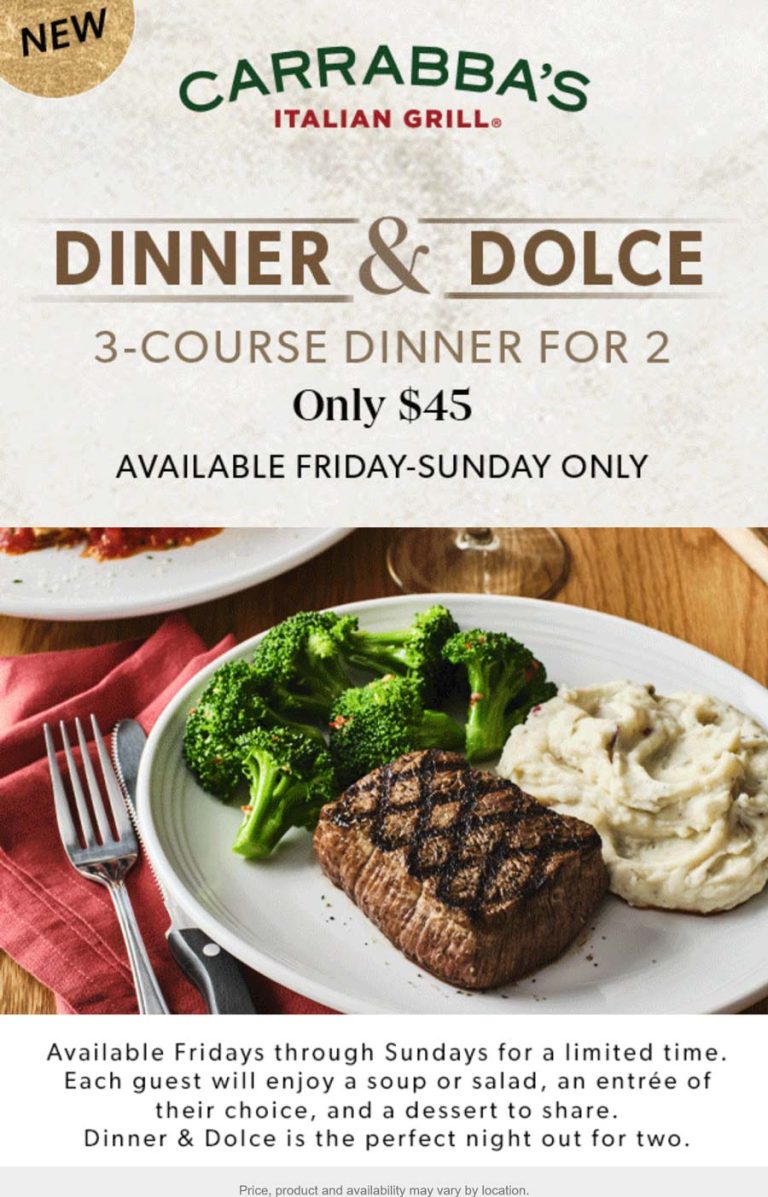 3-course dinner for 2 = $45 at Carrabbas Italian Grill