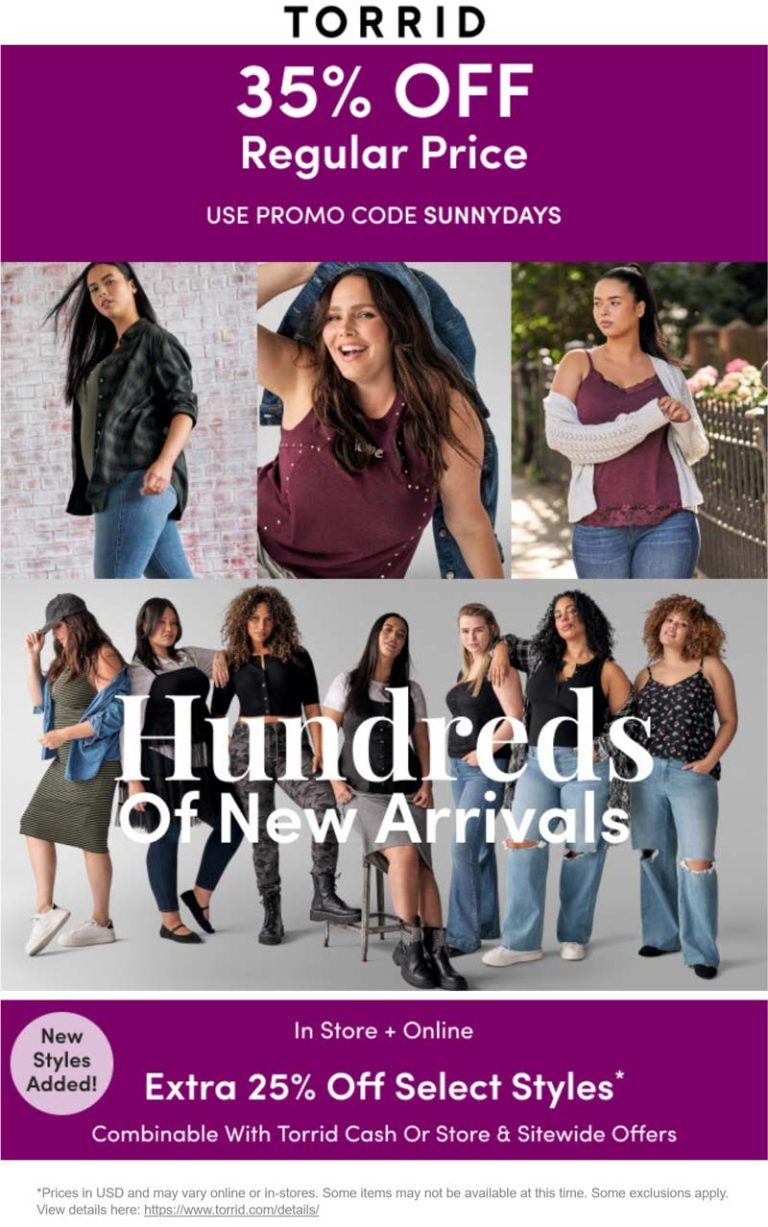 25-35% off at Torrid, or online via promo code SUNNYDAYS