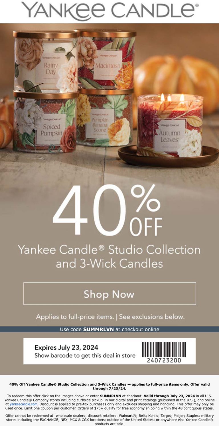 40% off 3-wicks today at Yankee Candle, or online via promo code SUMMRLVN