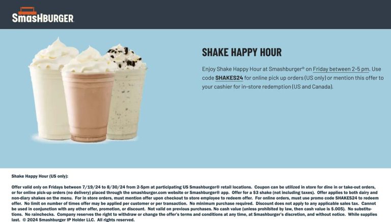 $3 milkshake on Fridays 2-5p at Smashburger, or online via promo code SHAKES24