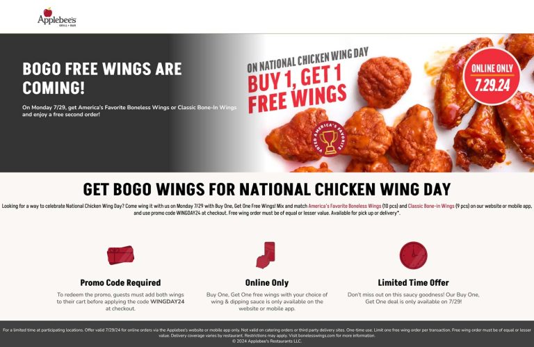 Second chicken wings free Monday at Applebees