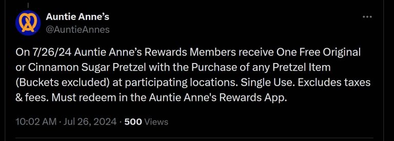 Second pretzel free today at Auntie Annes
