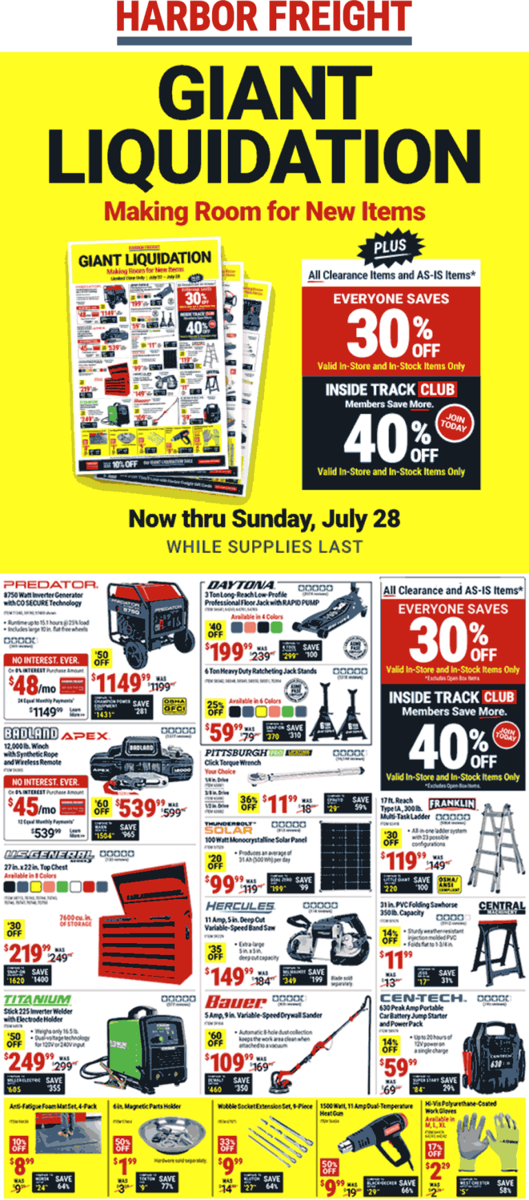 Extra 30-40% off clearance items at Harbor Freight, ditto online